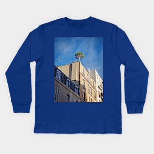 Pine tree on the top of a building Kids Long Sleeve T-Shirt